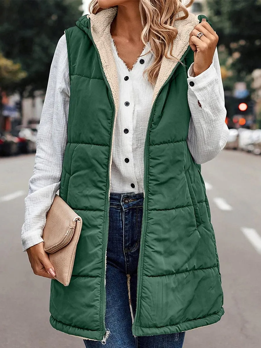 Stylish Women's Long Winter Puffer Vest with Reversible Fleece and Hood