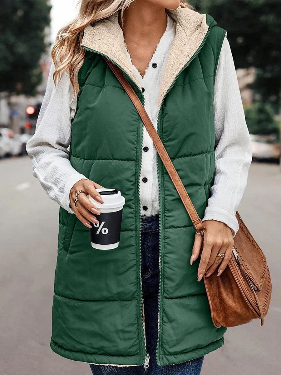 Stylish Women's Long Winter Puffer Vest with Reversible Fleece and Hood