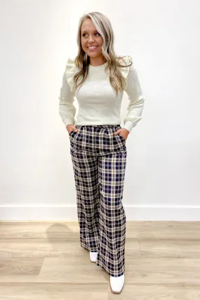 Sweet Creature Plaid High Waisted Pants Navy