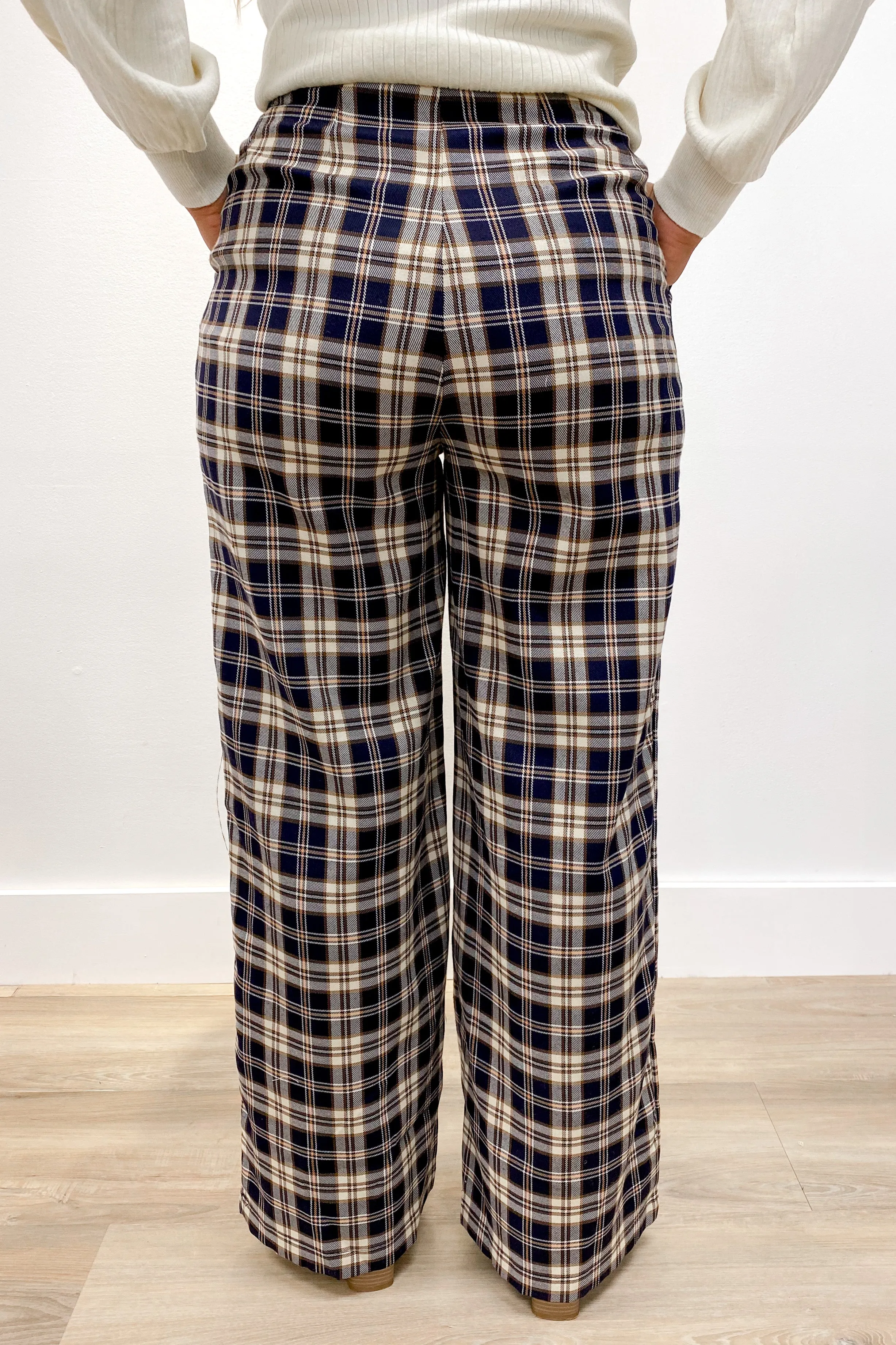 Sweet Creature Plaid High Waisted Pants Navy