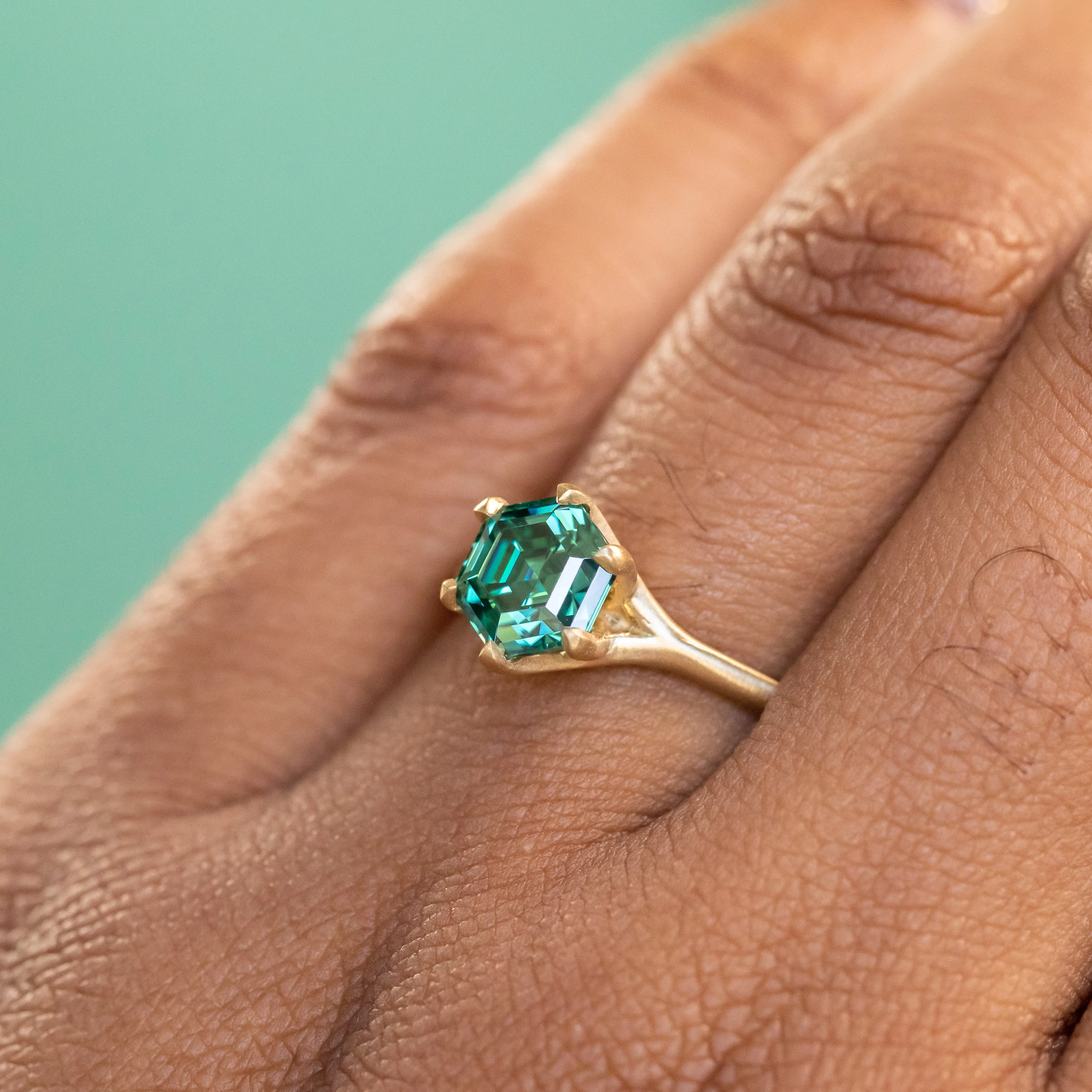 Teal Green Hexagon Moissanite Six Prong Split Shank Solitaire in 18k Yellow Satin Finished Gold