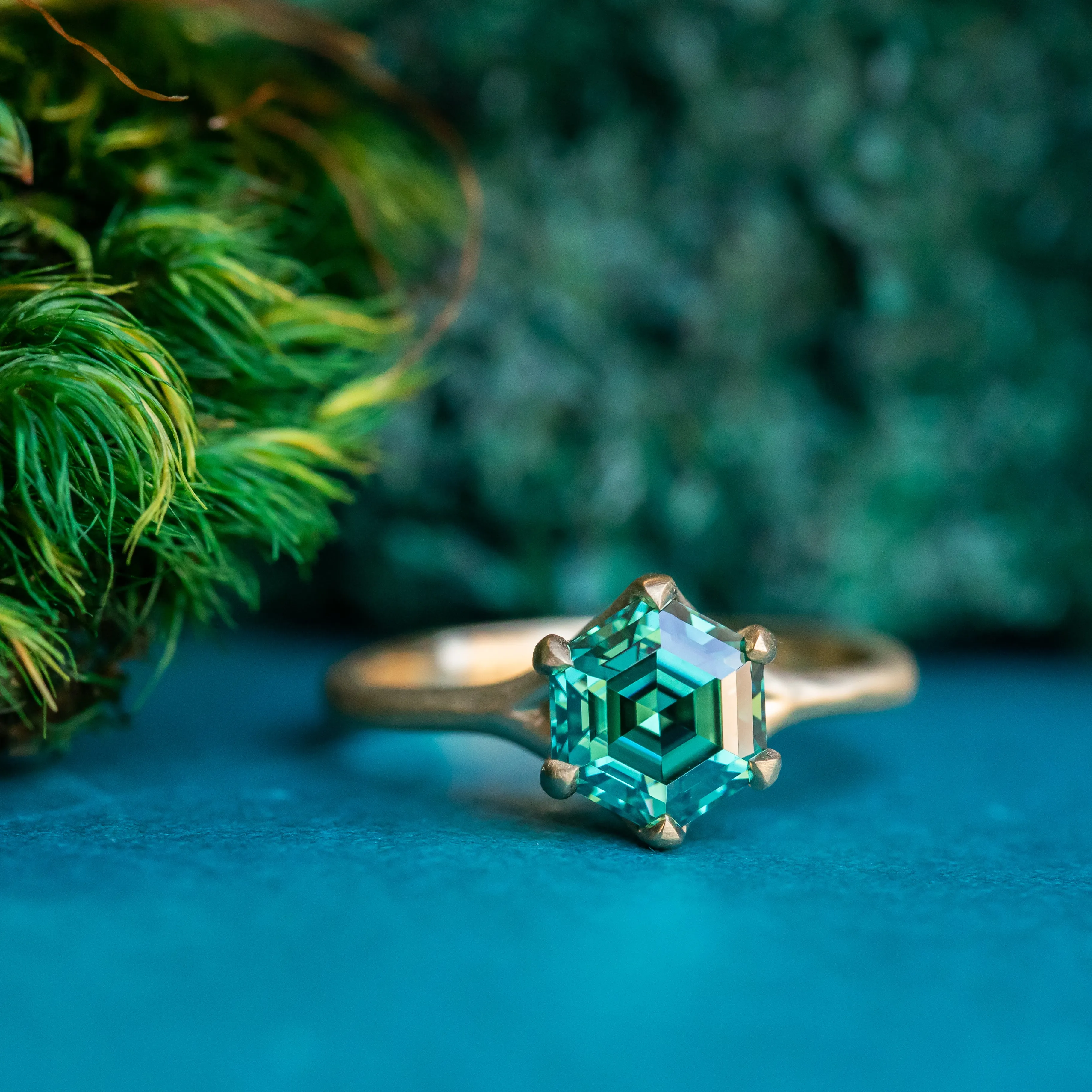 Teal Green Hexagon Moissanite Six Prong Split Shank Solitaire in 18k Yellow Satin Finished Gold