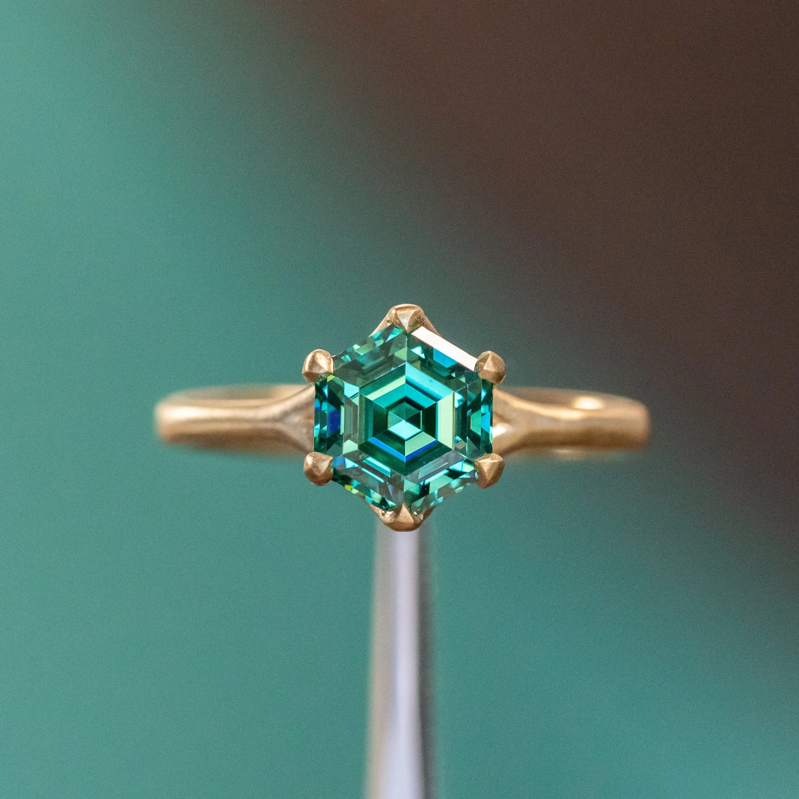 Teal Green Hexagon Moissanite Six Prong Split Shank Solitaire in 18k Yellow Satin Finished Gold