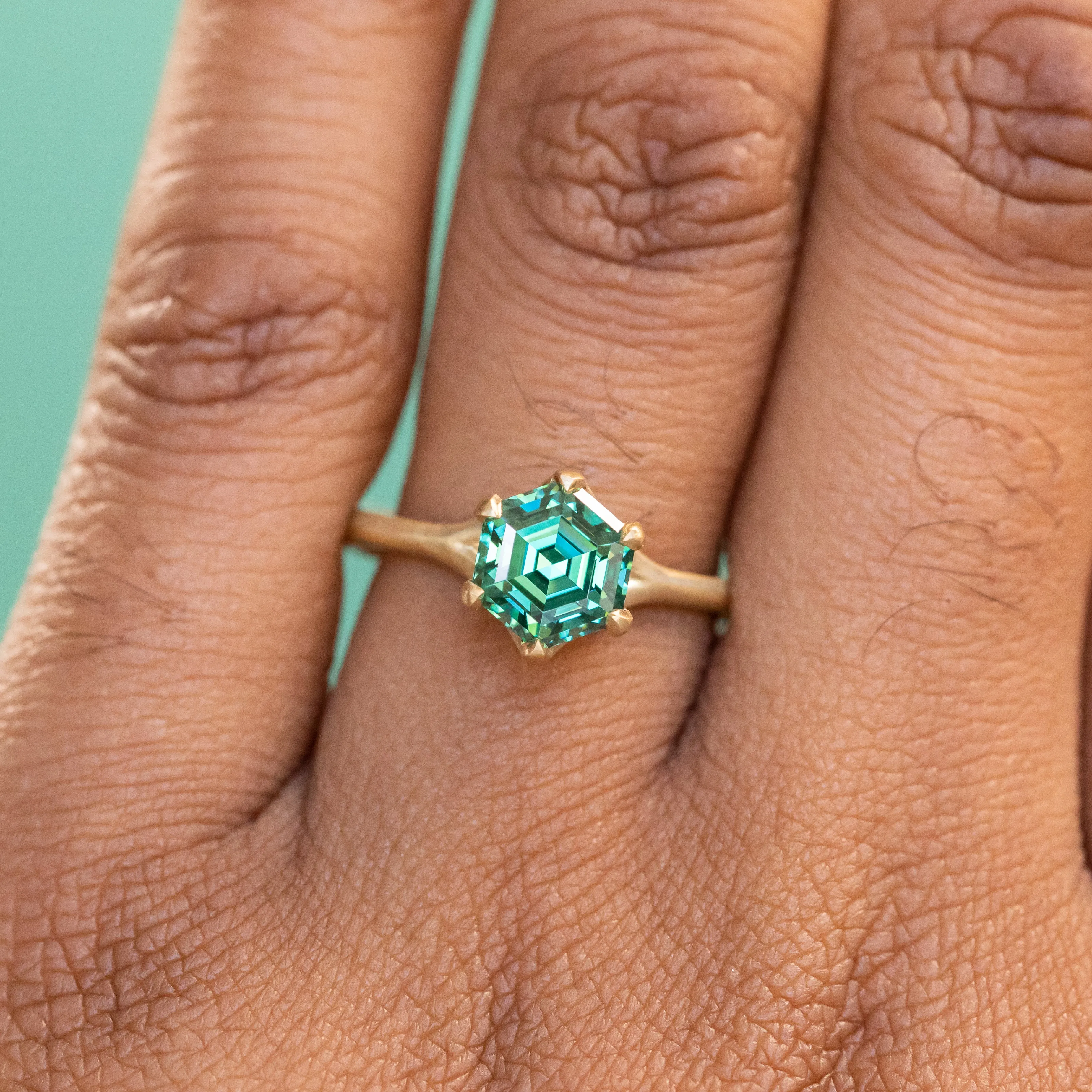 Teal Green Hexagon Moissanite Six Prong Split Shank Solitaire in 18k Yellow Satin Finished Gold