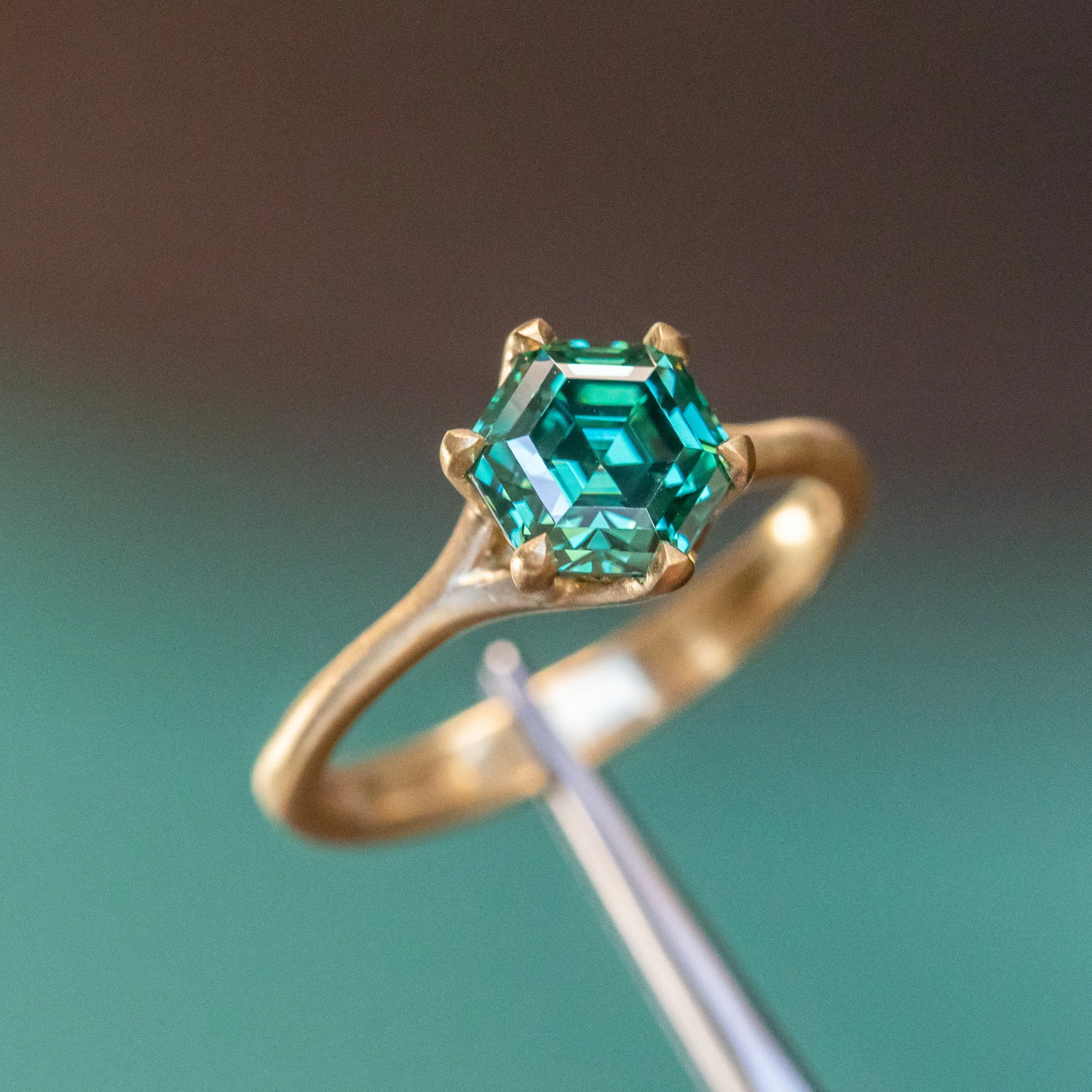 Teal Green Hexagon Moissanite Six Prong Split Shank Solitaire in 18k Yellow Satin Finished Gold