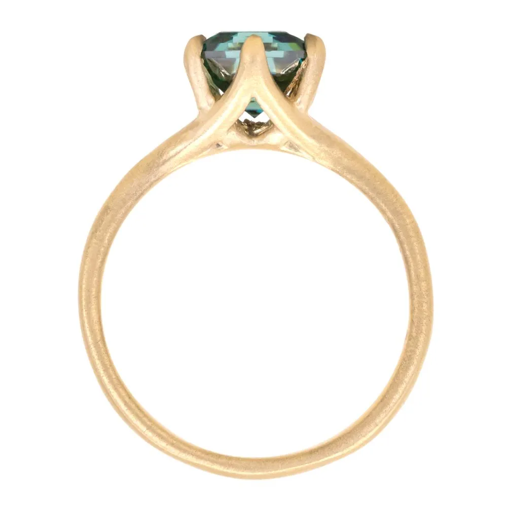 Teal Green Hexagon Moissanite Six Prong Split Shank Solitaire in 18k Yellow Satin Finished Gold