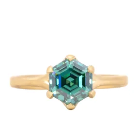 Teal Green Hexagon Moissanite Six Prong Split Shank Solitaire in 18k Yellow Satin Finished Gold