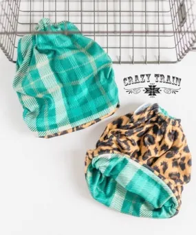 Teal plaid leopard Pony tail beanie hat