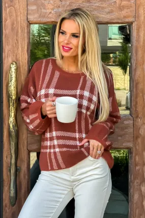 Tribal Meagan Plaid Crew Neck Sweater : Clay