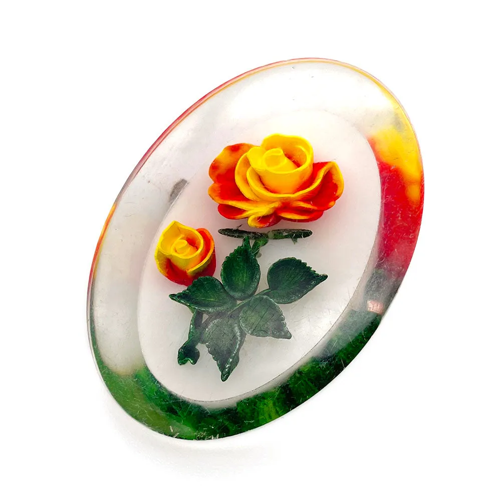 【USA輸入】 ヴィンテージ インタリオ ルーサイト ローズ ブローチ/Vintage Lucite Reverse Carved Rose Brooch