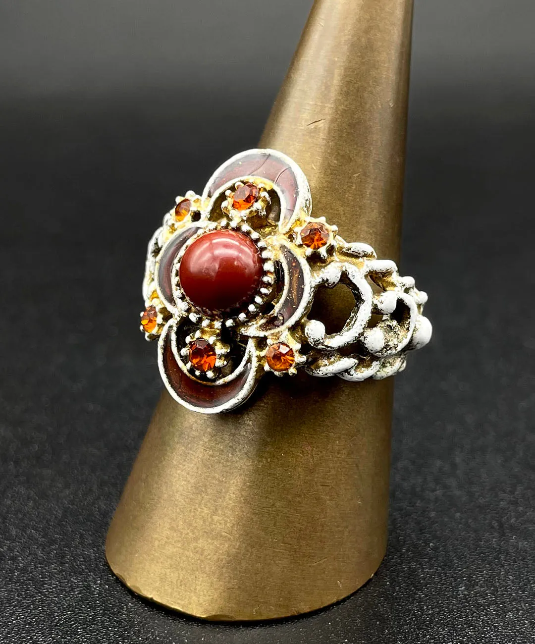 【USA輸入】ヴィンテージ FLORENZA ダークレッド ホワイトエナメル リング/Vintage FLORENZA Dark Red White Enamel Ring