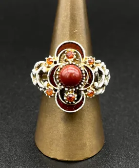 【USA輸入】ヴィンテージ FLORENZA ダークレッド ホワイトエナメル リング/Vintage FLORENZA Dark Red White Enamel Ring