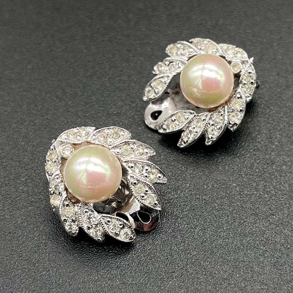 【USA輸入】ヴィンテージ POLCINI パール クリアストーン イヤリング/Vintage POLCINI Pearl Clear Rhinestones Clip On Earrings