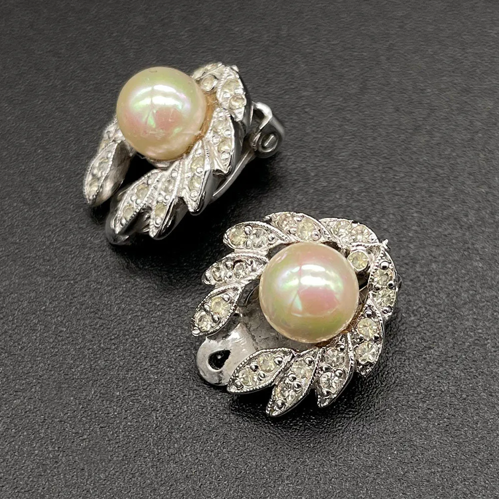 【USA輸入】ヴィンテージ POLCINI パール クリアストーン イヤリング/Vintage POLCINI Pearl Clear Rhinestones Clip On Earrings