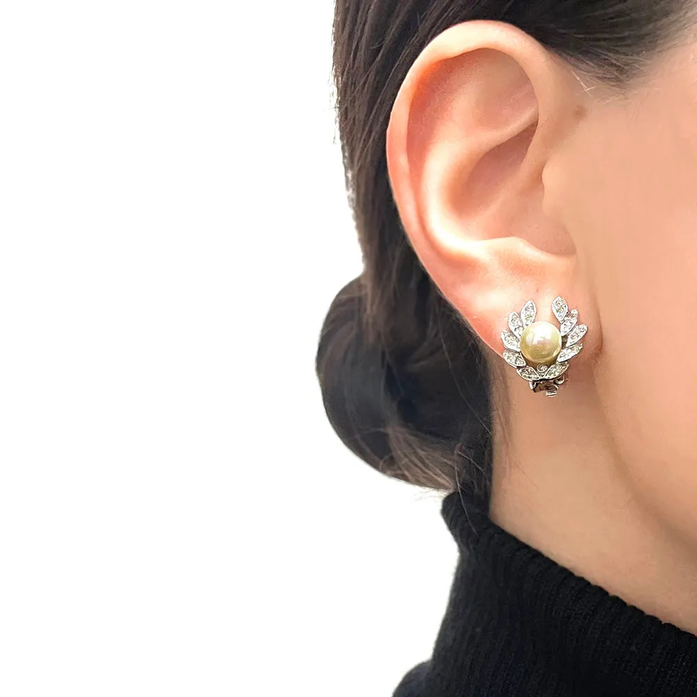 【USA輸入】ヴィンテージ POLCINI パール クリアストーン イヤリング/Vintage POLCINI Pearl Clear Rhinestones Clip On Earrings