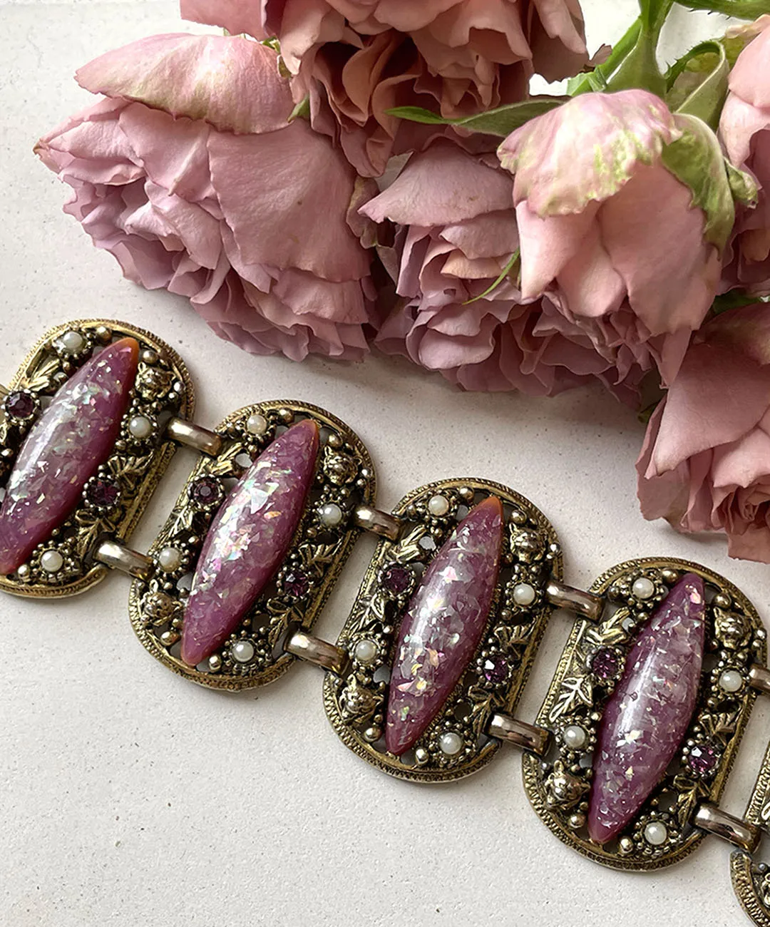 【USA輸入】ヴィンテージ SELRO コンフェッティ モーブピンク ルーサイト ブレスレット/Vintage SELRO Confetti Mauve Pink Lucite Bracelet