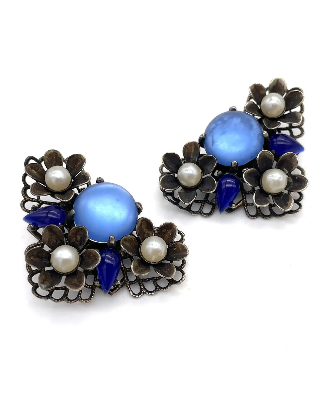 【USA輸入】ヴィンテージ SELRO ブルー カボション フラワー イヤリング/Vintage SELRO Blue Cabochon Fower Clip On Earrings