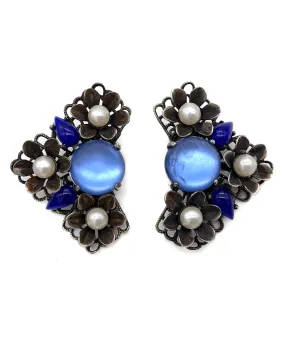 【USA輸入】ヴィンテージ SELRO ブルー カボション フラワー イヤリング/Vintage SELRO Blue Cabochon Fower Clip On Earrings