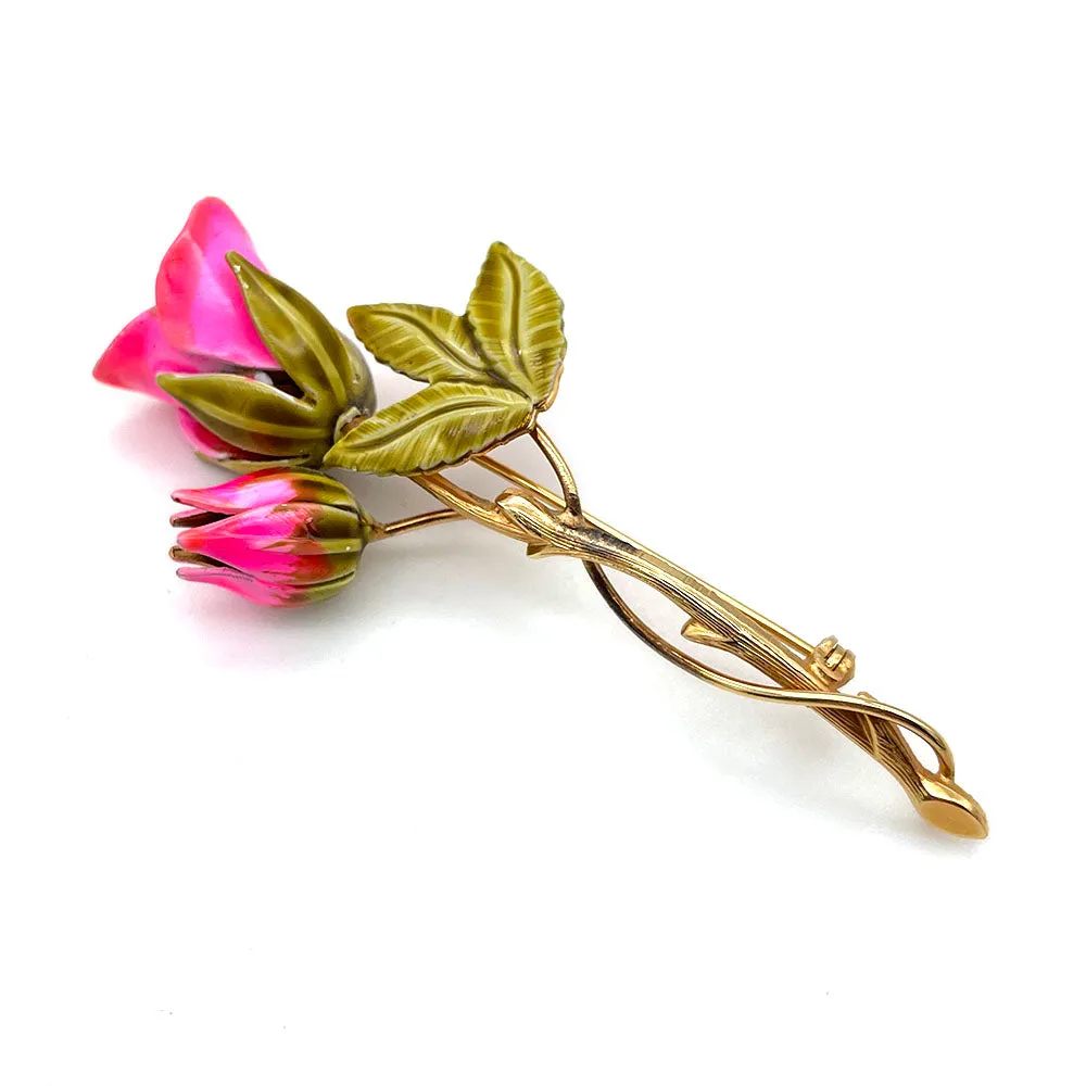 【USA輸入】ヴィンテージ ネオンピンク エナメル ローズ ブローチ/Vintage Neon Pink Enamel Rose Brooch