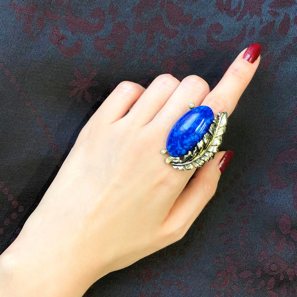 【USA輸入】ヴィンテージ ブルーマーブル リーフ パール リング/Vintage Blue Marble Leaf Pearl Ring