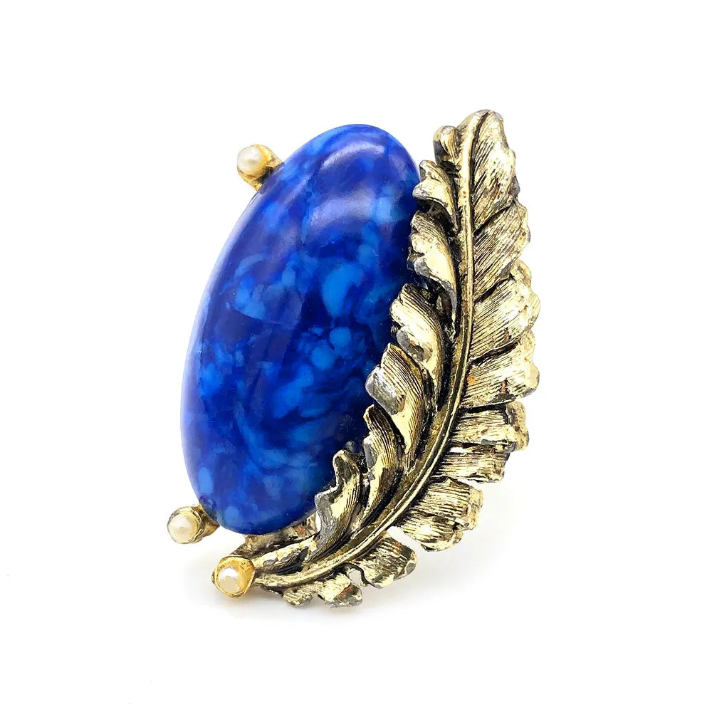 【USA輸入】ヴィンテージ ブルーマーブル リーフ パール リング/Vintage Blue Marble Leaf Pearl Ring