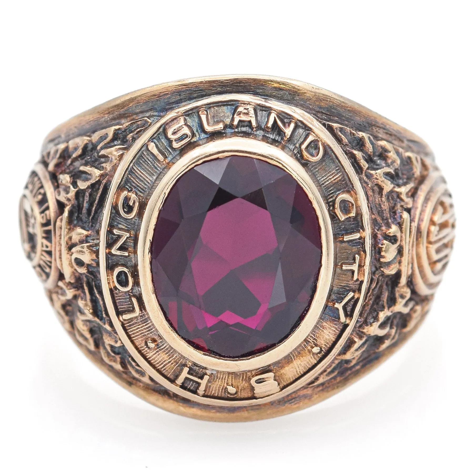 Vintage 10K Gold Lab Ruby Long Island City High School 1956 Class Ring Size 6.75