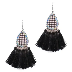 White & Black Plaid Bling Teardrop earrings with tassels