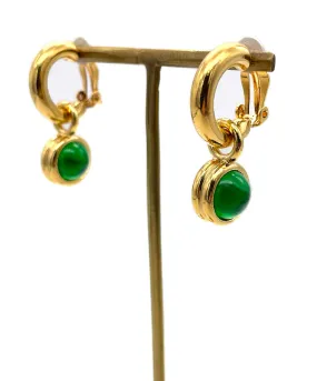 【フランス輸入】ヴィンテージ SPHINX グリーン カボション フープ イヤリング/Vintage SPHINX Green Cabochon Hoop Clip On Earrings